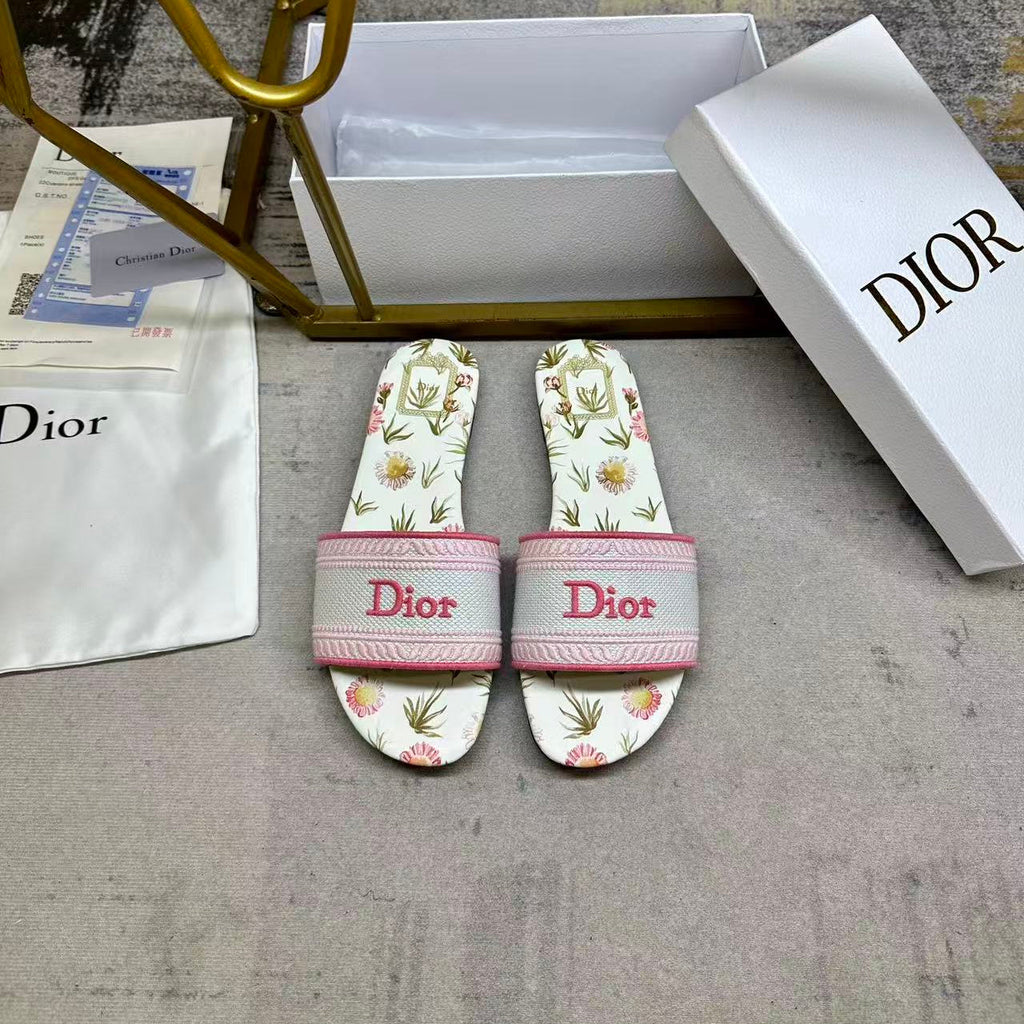 DIOR 26S DWAY SLIDE FLOWER EDITION IN PINK MIX WHITE FABRIC