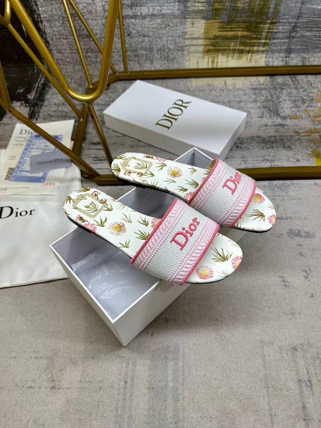 DIOR 26S DWAY SLIDE FLOWER EDITION IN PINK MIX WHITE FABRIC
