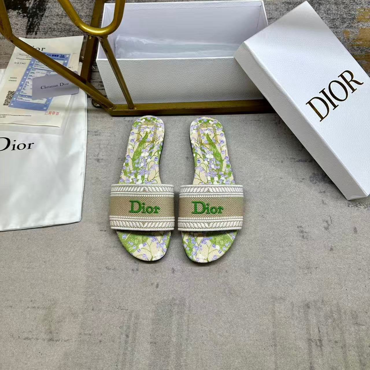 DIOR 26S DWAY SLIDE FLOWER EDITION IN GREEN FABRIC