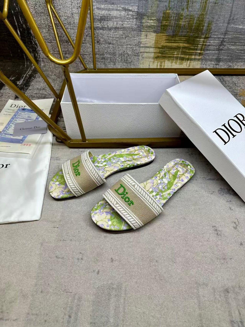DIOR 26S DWAY SLIDE FLOWER EDITION IN GREEN FABRIC
