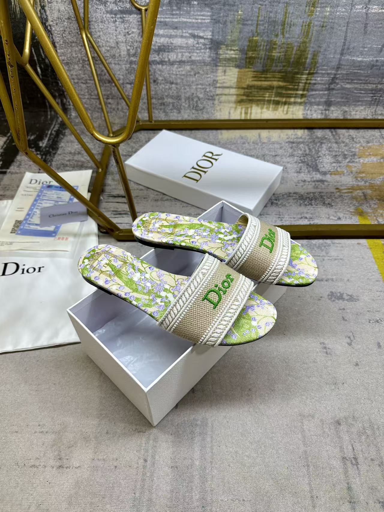 DIOR 26S DWAY SLIDE FLOWER EDITION IN GREEN FABRIC