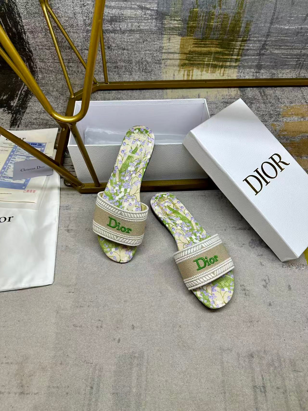 DIOR 26S DWAY SLIDE FLOWER EDITION IN GREEN FABRIC