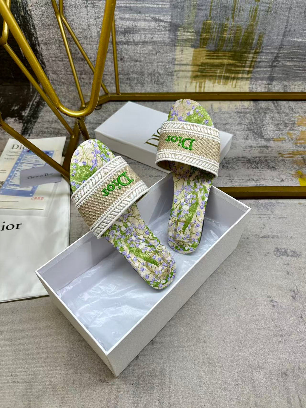 DIOR 26S DWAY SLIDE FLOWER EDITION IN GREEN FABRIC