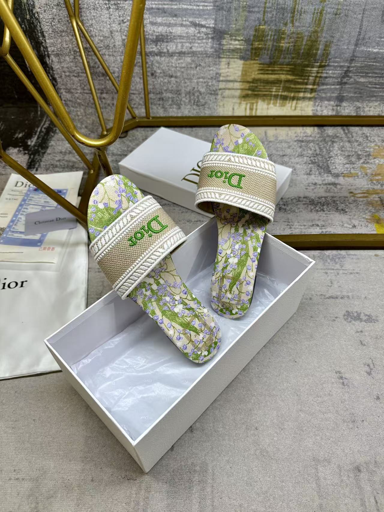 DIOR 26S DWAY SLIDE FLOWER EDITION IN GREEN FABRIC