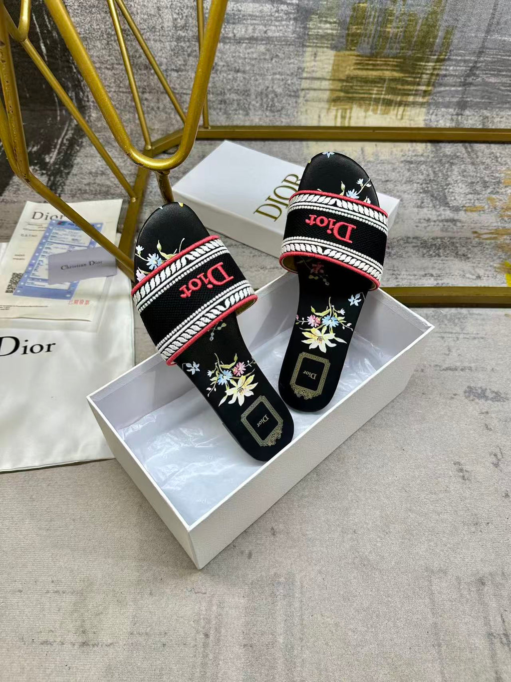 DIOR 26S DWAY SLIDE FLOWER EDITION IN BLACK FABRIC