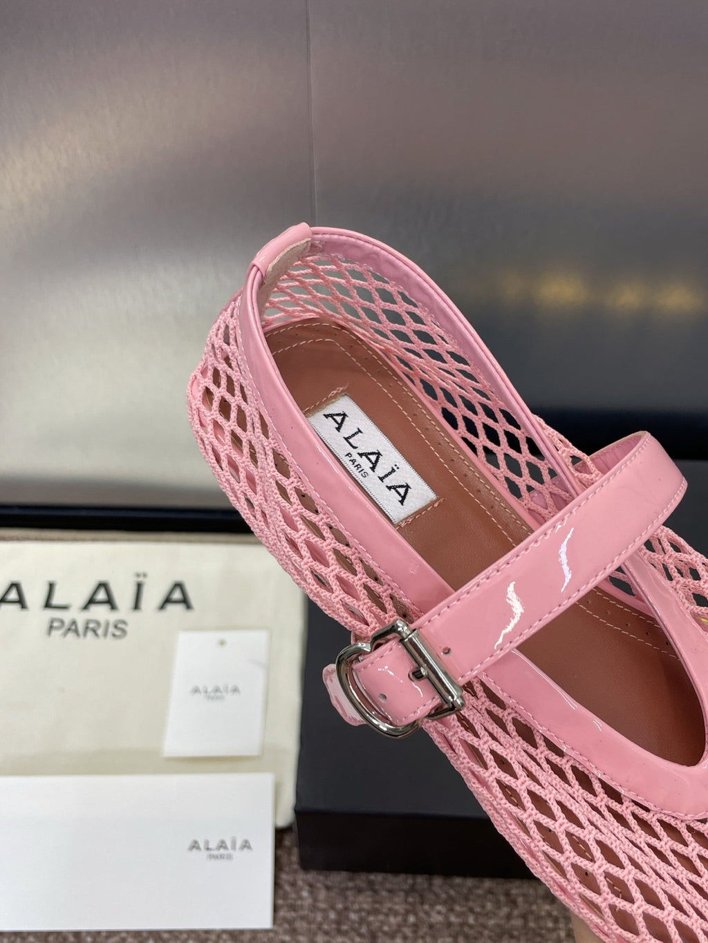 ALAIA MARY JANE FLAT 25S IN LIGHT PINK MESH CALFSKIN