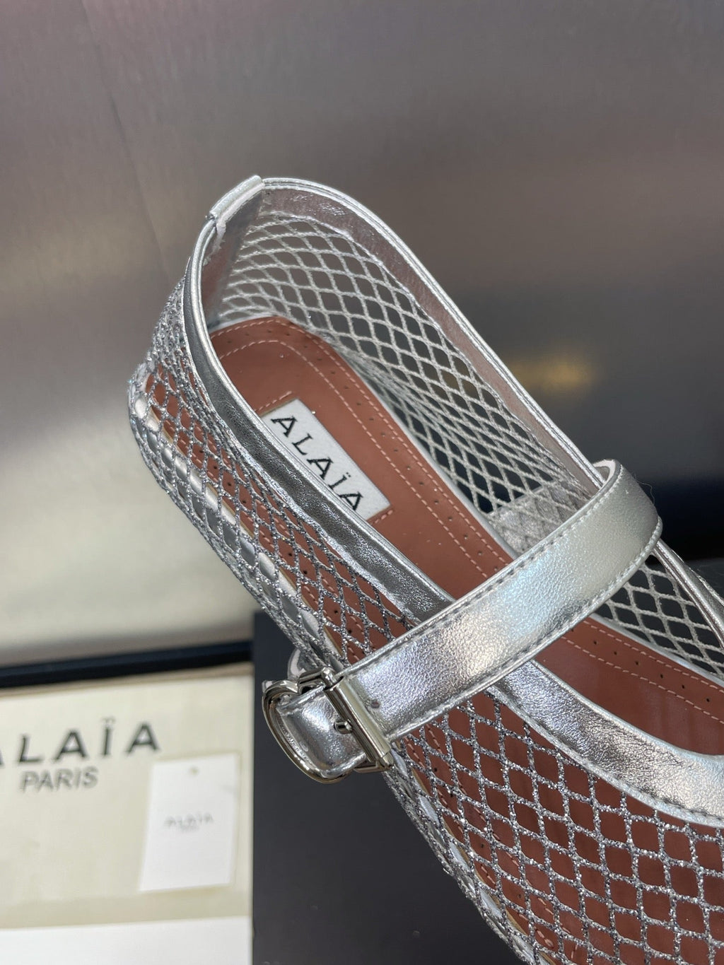 ALAIA MARY JANE FLAT 25S IN SILVER MESH CALFSKIN