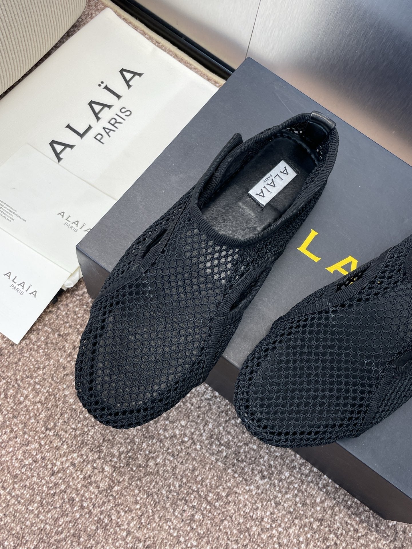 ALAIA MESH MARY JANE BALLET FLATS 25S IN BLACK FABRIC