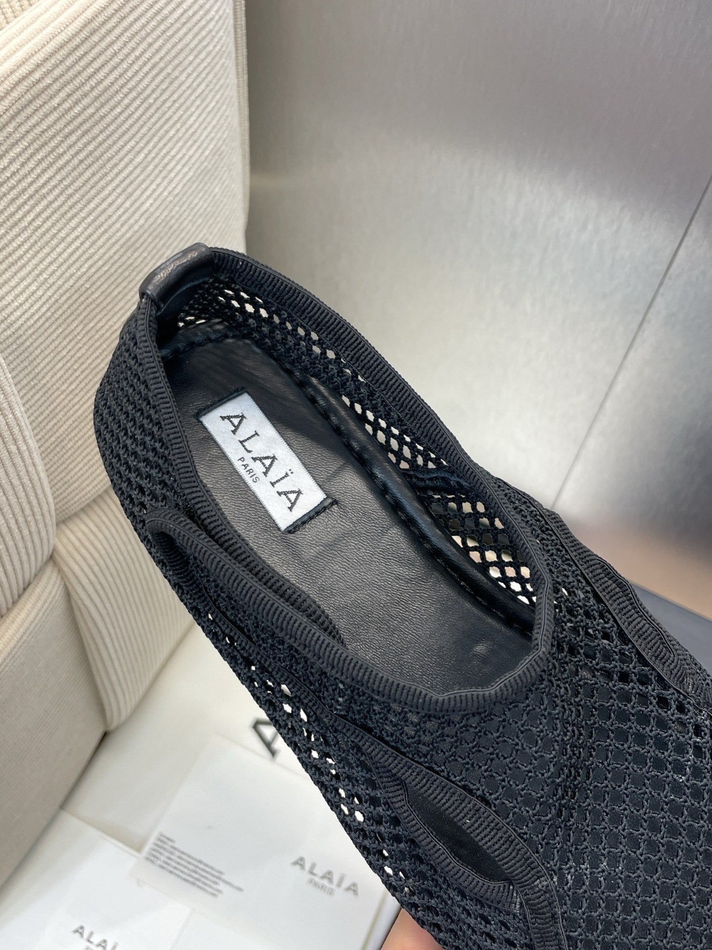 ALAIA MESH MARY JANE BALLET FLATS 25S IN BLACK FABRIC
