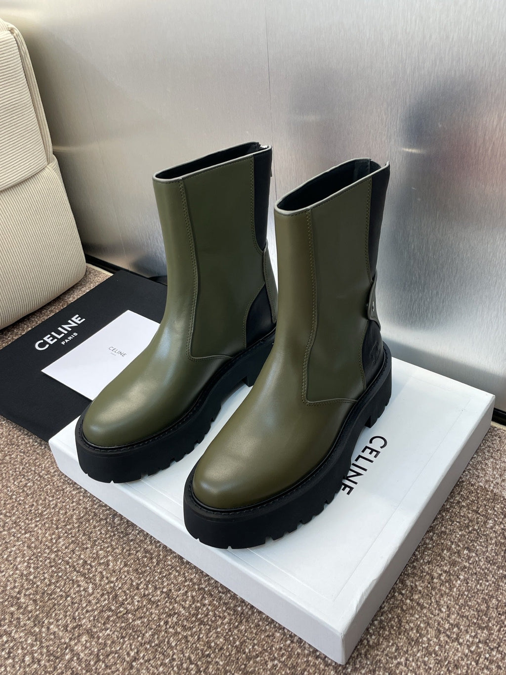 CELINE 26S ANKLE BOOTS 45 MM IN MOSS GREEN CALFSKIN