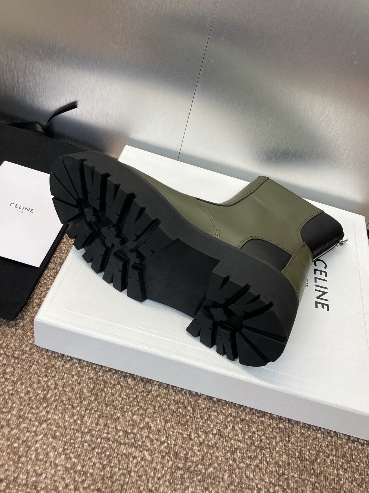CELINE 26S ANKLE BOOTS 45 MM IN MOSS GREEN CALFSKIN