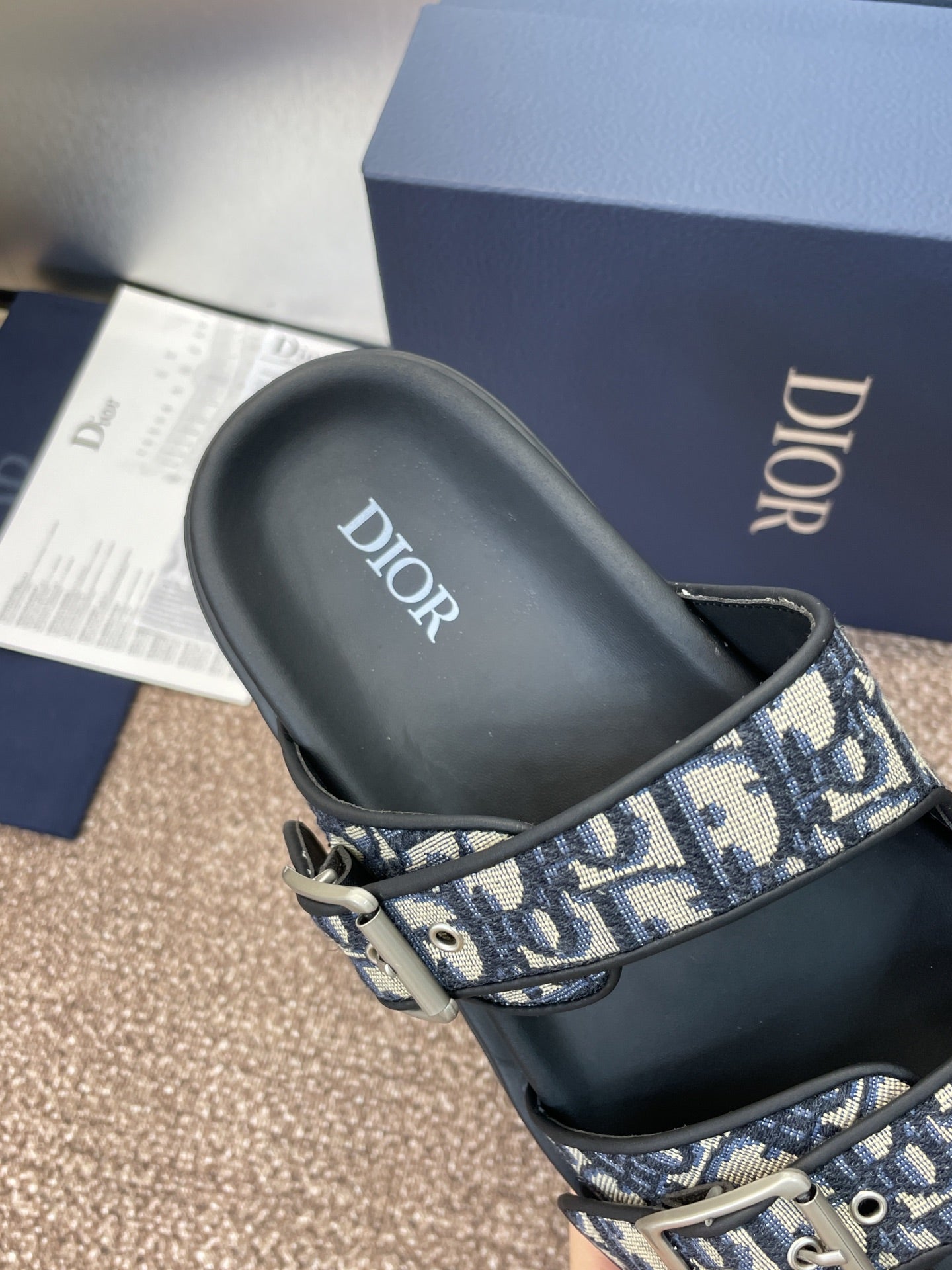 DIOR 25S DIORACT SLIDE IN DEEP BLUE CALFSKIN AND CANVAS SILVER HARDWARE