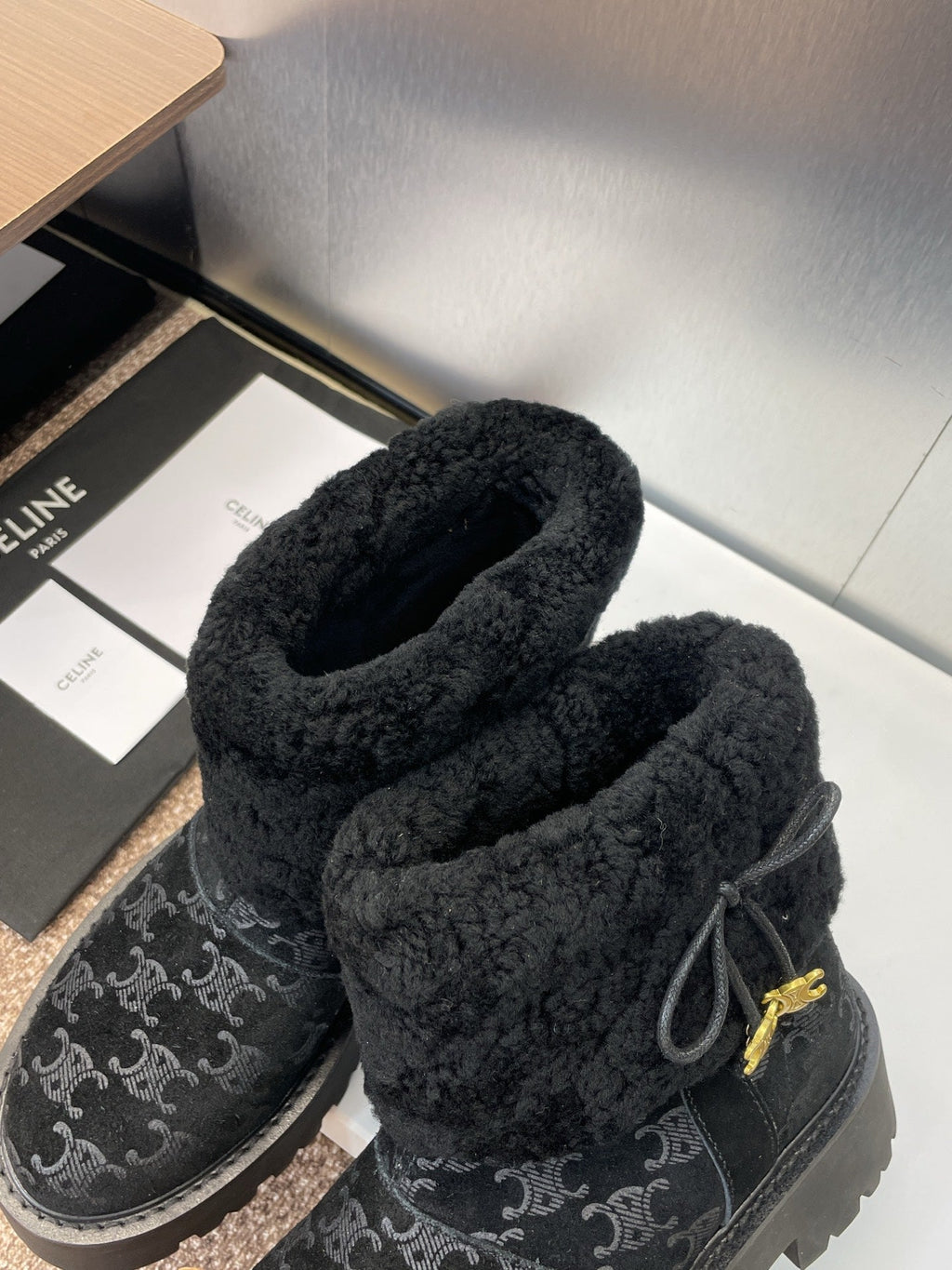 CELINE 26S ANKLE BOOTS 45 MM IN BLACK SUEDE AND WOOL