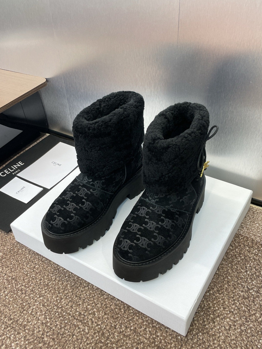 CELINE 26S ANKLE BOOTS 45 MM IN BLACK SUEDE AND WOOL