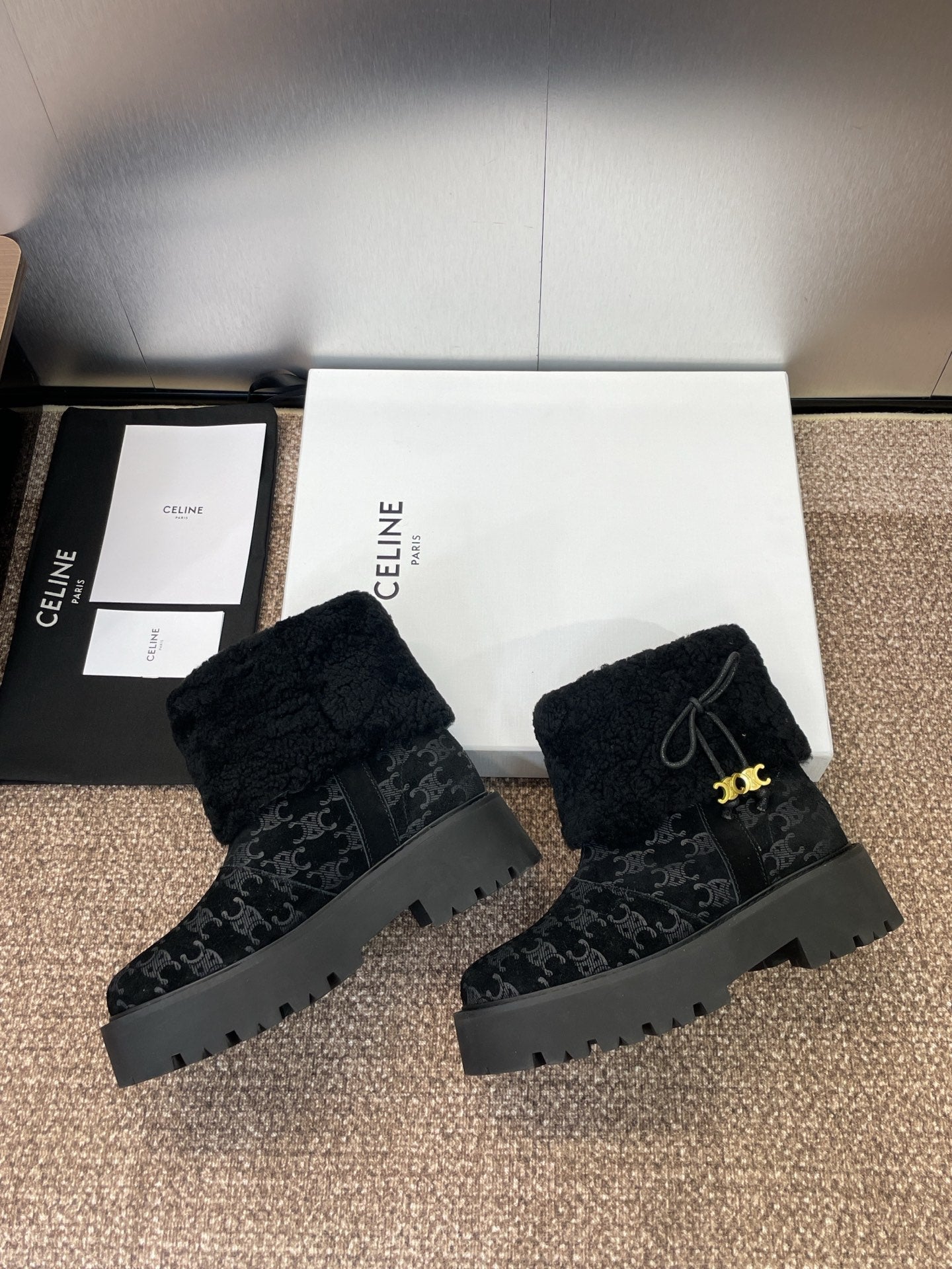 CELINE 26S ANKLE BOOTS 45 MM IN BLACK SUEDE AND WOOL