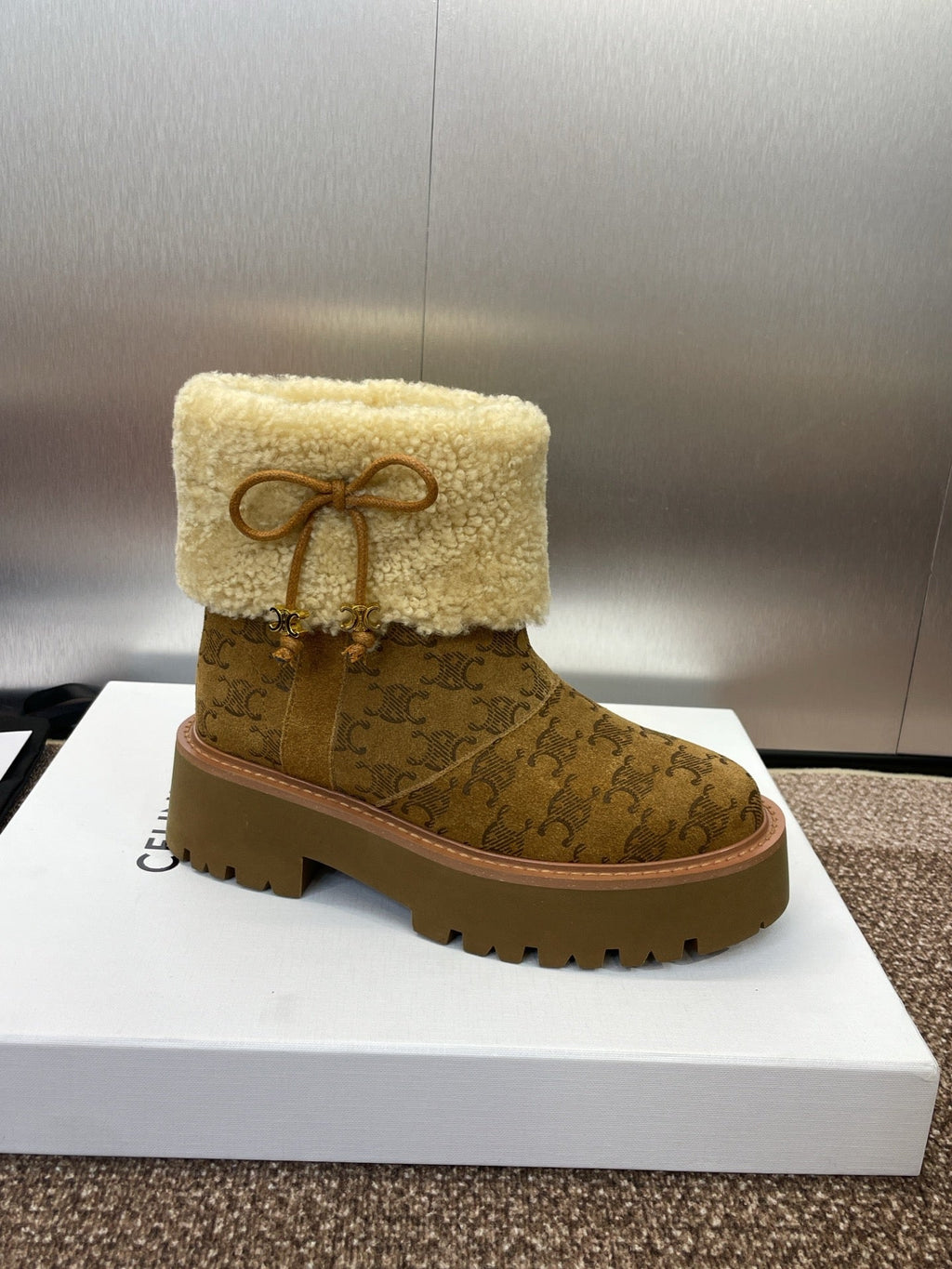 CELINE 26S ANKLE BOOTS 45 MM IN BROWN SUEDE AND BEIGE WOOL
