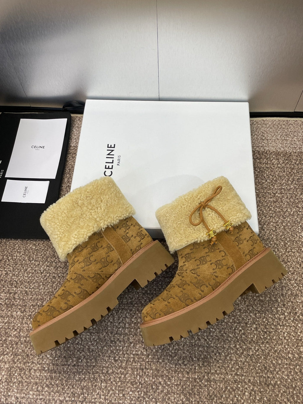 CELINE 26S ANKLE BOOTS 45 MM IN BROWN SUEDE AND BEIGE WOOL