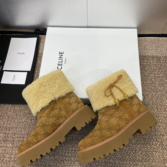 CELINE 26S ANKLE BOOTS 45 MM IN BROWN SUEDE AND BEIGE WOOL