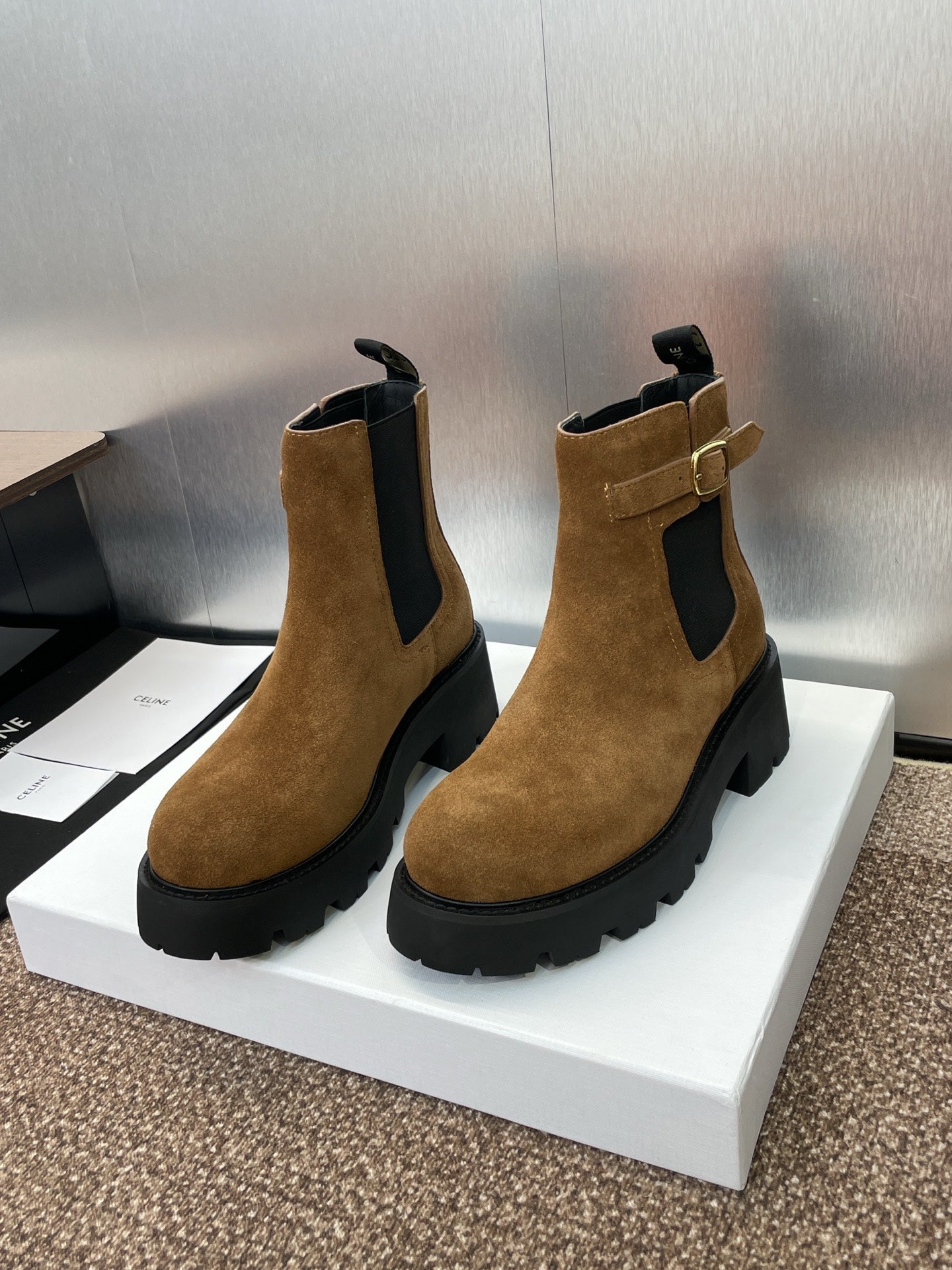 CELINE 26S ANKLE BOOTS 45 MM IN BROWN SUEDE