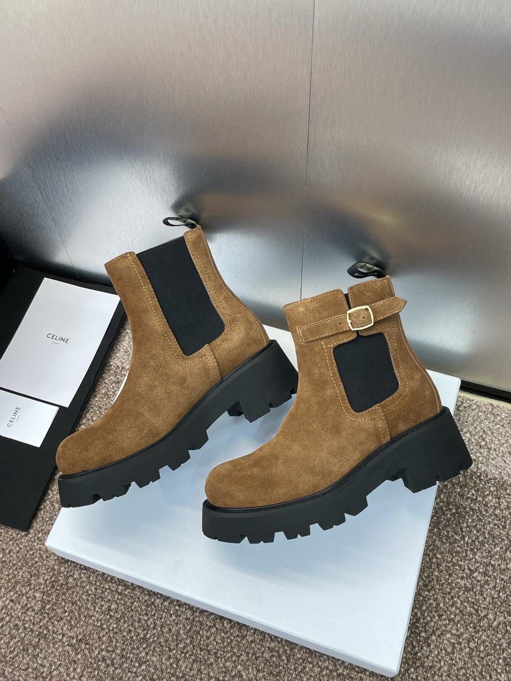 CELINE 26S ANKLE BOOTS 45 MM IN BROWN SUEDE