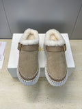 CHLOÉ 26S FUR-LINED WEDGE MULES IN DARK BEIGE SUEDE