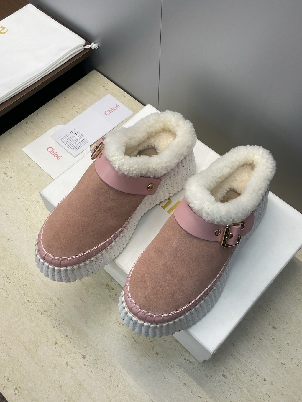 CHLOÉ 26S FUR-LINED WEDGE MULES IN LIGHT PINK SUEDE
