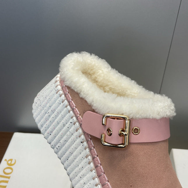 CHLOÉ 26S FUR-LINED WEDGE MULES IN LIGHT PINK SUEDE