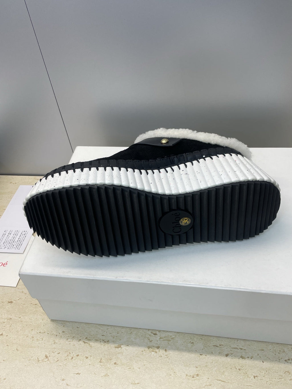 CHLOÉ 26S FUR-LINED WEDGE MULES IN BLACK SUEDE