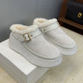 CHLOÉ 26S FUR-LINED WEDGE MULES IN LIGHT GREY SUEDE