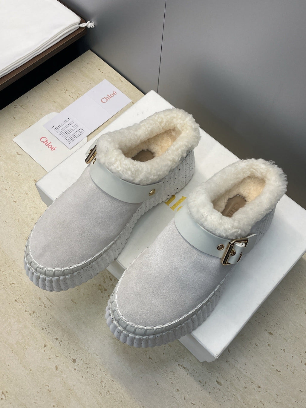 CHLOÉ 26S FUR-LINED WEDGE MULES IN LIGHT GREY SUEDE