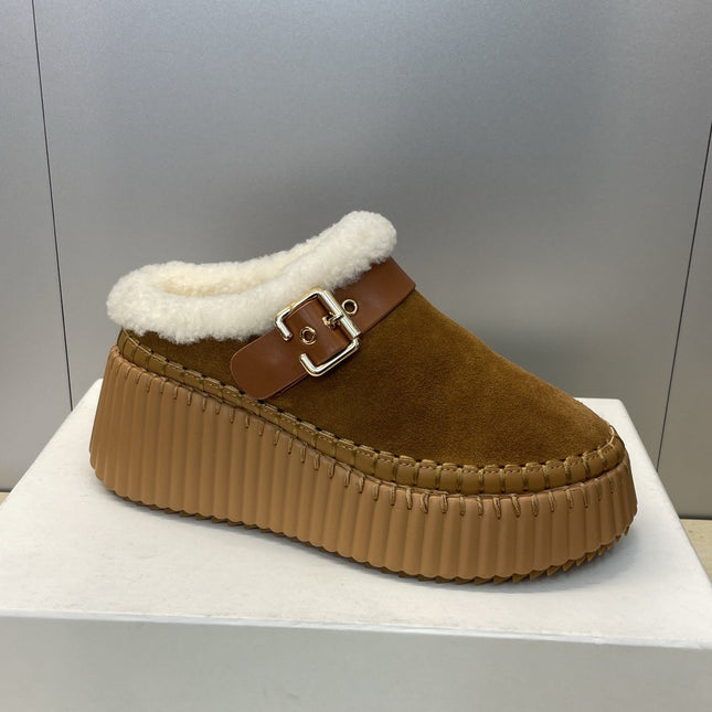 CHLOÉ 26S FUR-LINED WEDGE MULES IN BROWN SUEDE