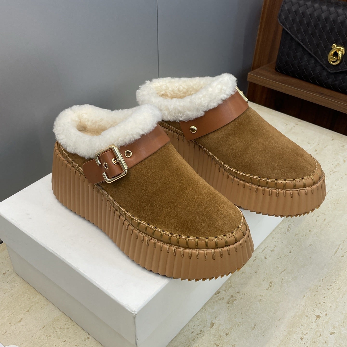 CHLOÉ 26S FUR-LINED WEDGE MULES IN BROWN SUEDE