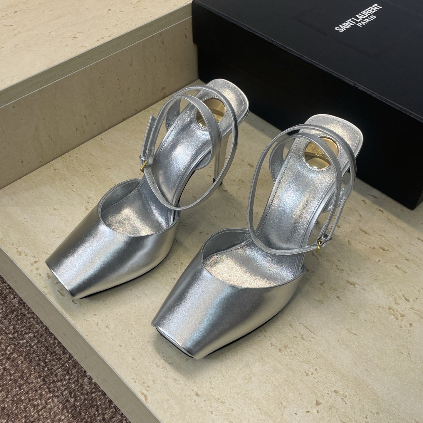 YSL 26S HEELED SANDALS 95 MM IN SILVER CALFSKIN