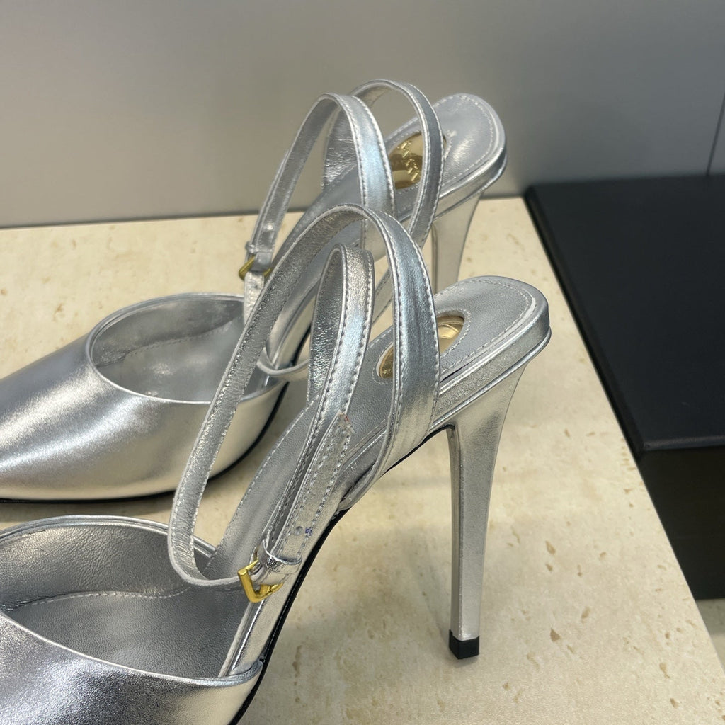 YSL 26S HEELED SANDALS 95 MM IN SILVER CALFSKIN