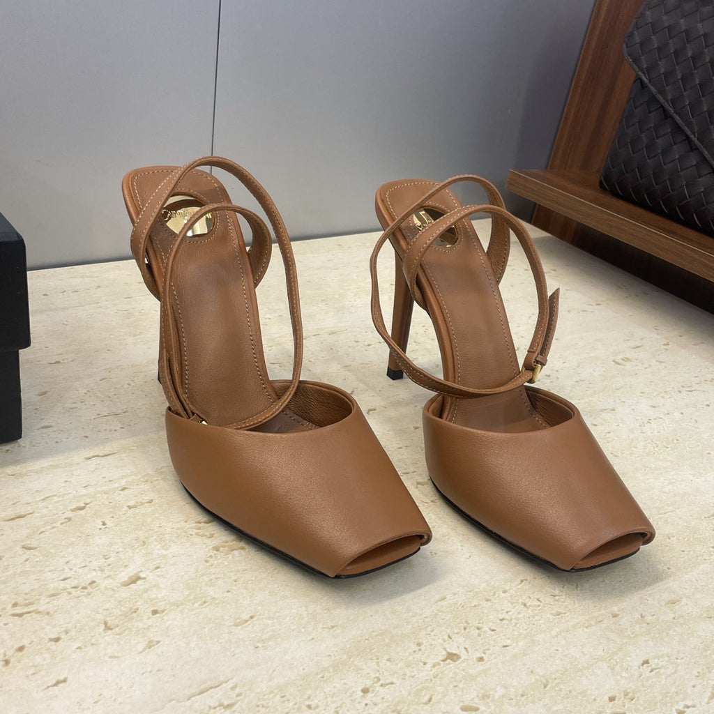YSL 26S HEELED SANDALS 95 MM IN BROWN CALFSKIN