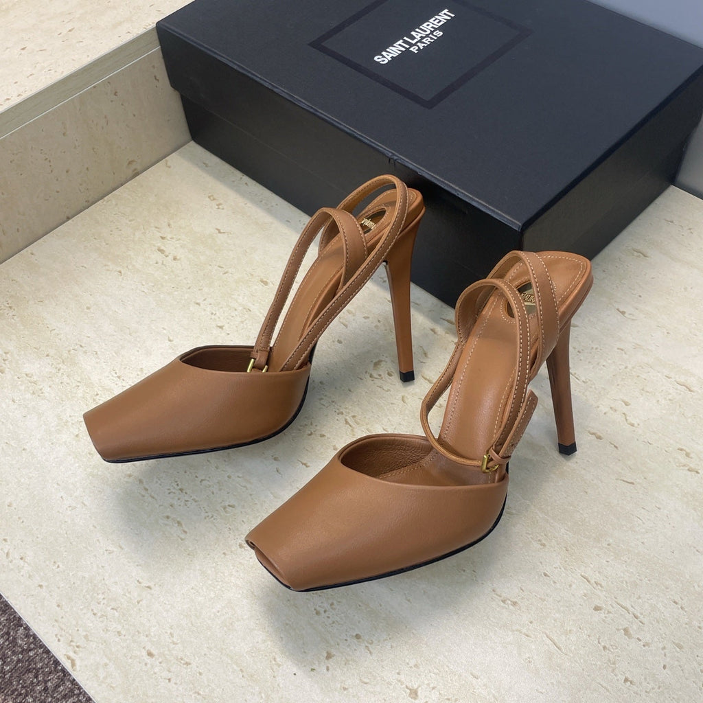 YSL 26S HEELED SANDALS 95 MM IN BROWN CALFSKIN