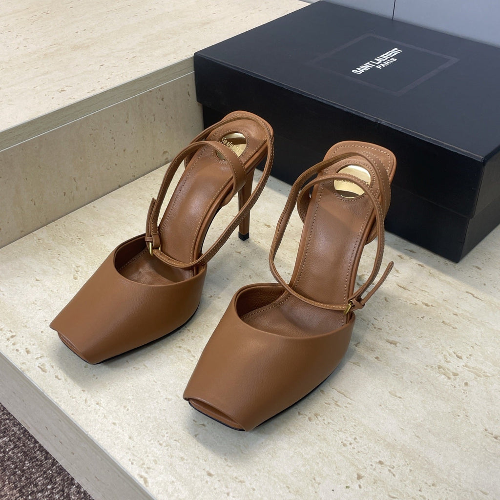 YSL 26S HEELED SANDALS 95 MM IN BROWN CALFSKIN