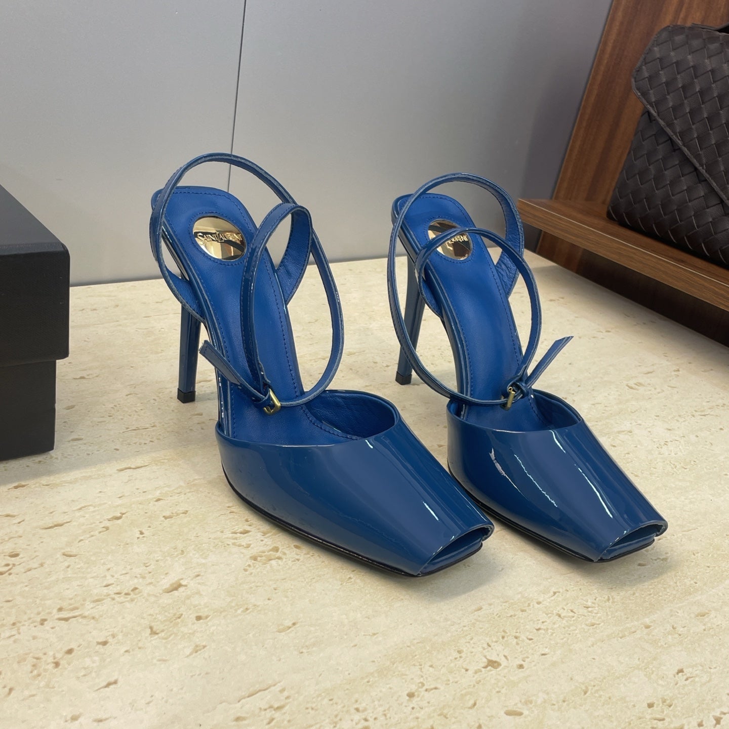 YSL 26S HEELED SANDALS 95 MM IN DARK BLUE CALFSKIN
