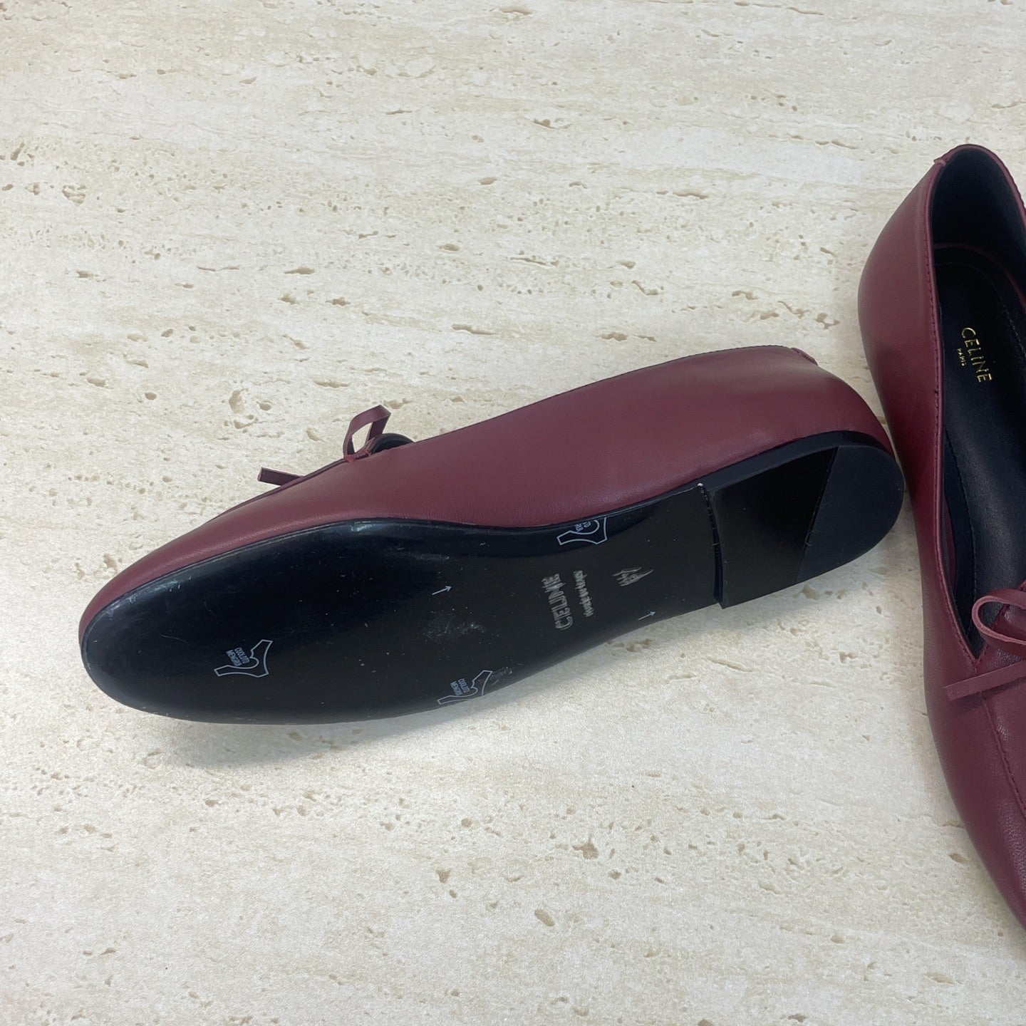 CELINE 26S BALLET FLATS IN DARK RED LAMBSKIN WITH BOW