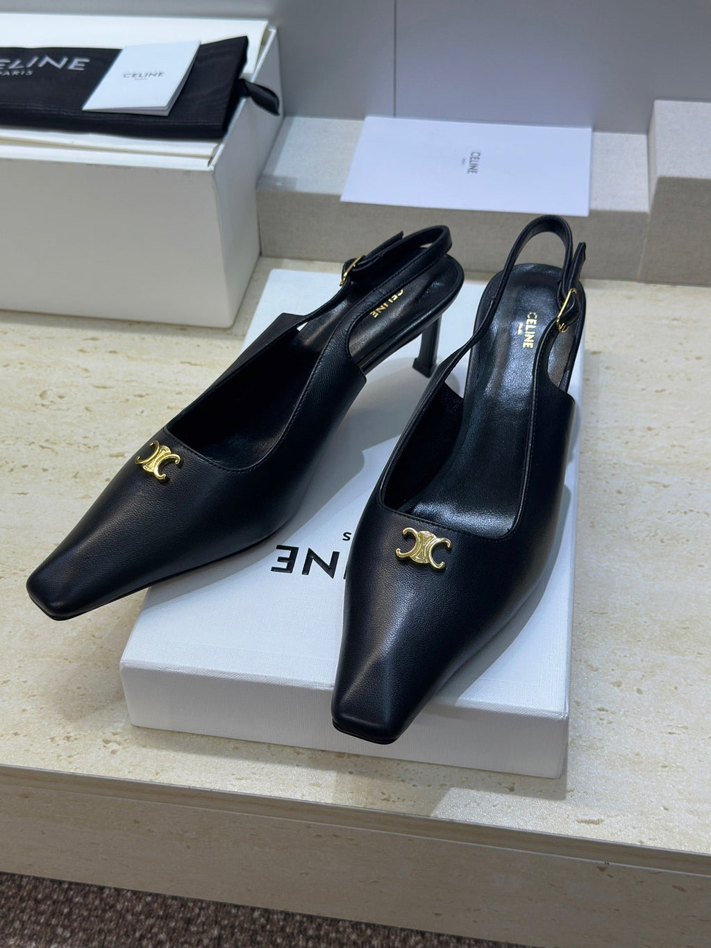 CELINE 26S SLINGBACK HEELS 65 MM IN BLACK CALFSKIN