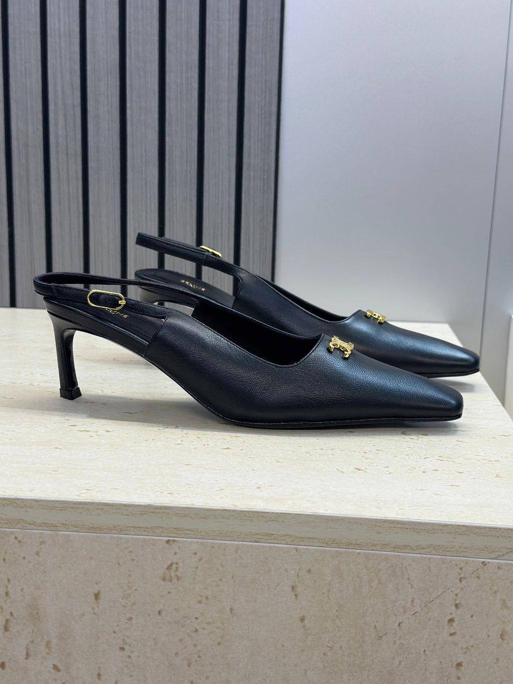 CELINE 26S SLINGBACK HEELS 65 MM IN BLACK CALFSKIN