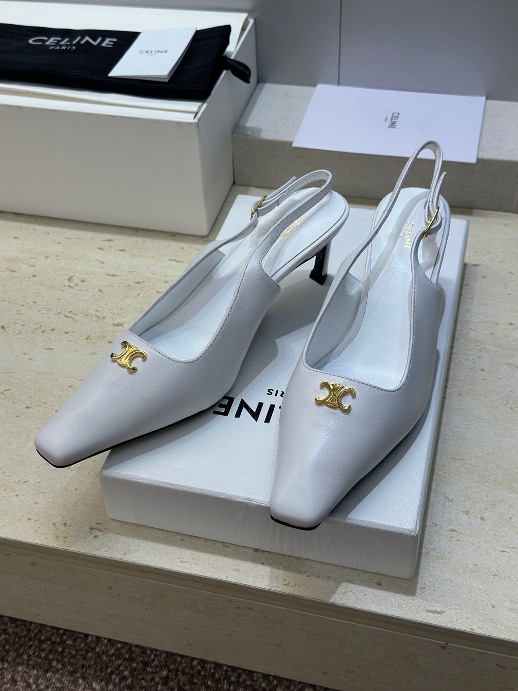 CELINE 26S SLINGBACK HEELS 65 MM IN WHITE CALFSKIN