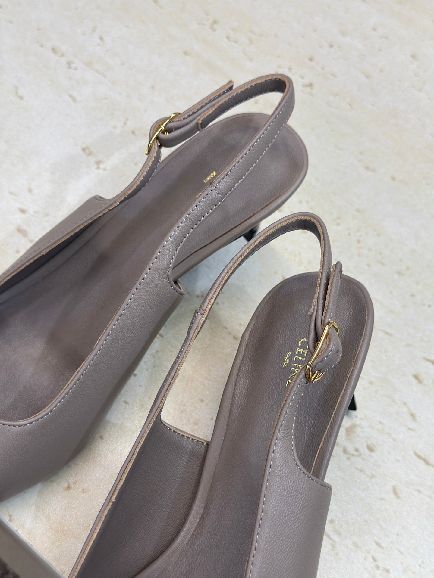CELINE 26S SLINGBACK HEELS 65 MM IN BEIGE GREY CALFSKIN