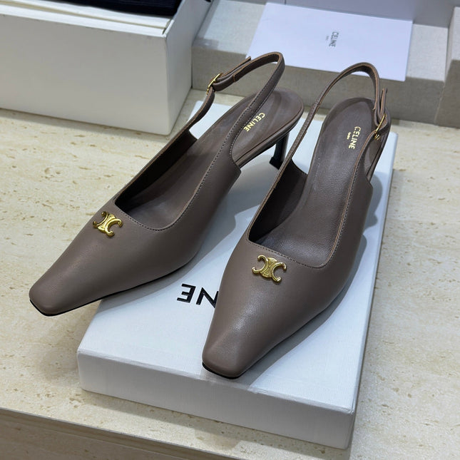 CELINE 26S SLINGBACK HEELS 65 MM IN BEIGE GREY CALFSKIN