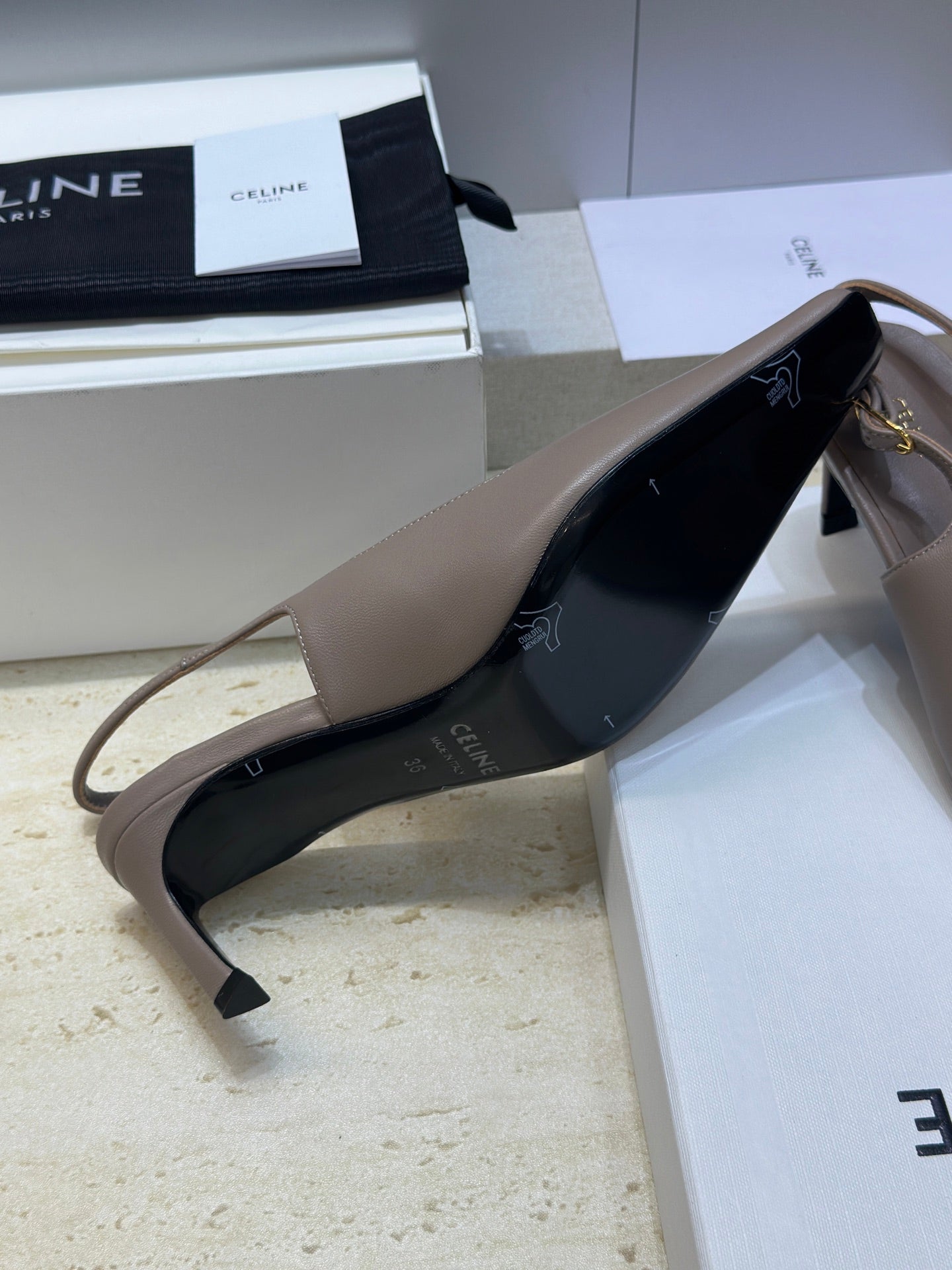 CELINE 26S SLINGBACK HEELS 65 MM IN BEIGE GREY CALFSKIN