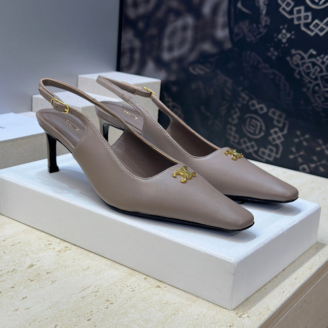 CELINE 26S SLINGBACK HEELS 65 MM IN BEIGE GREY CALFSKIN