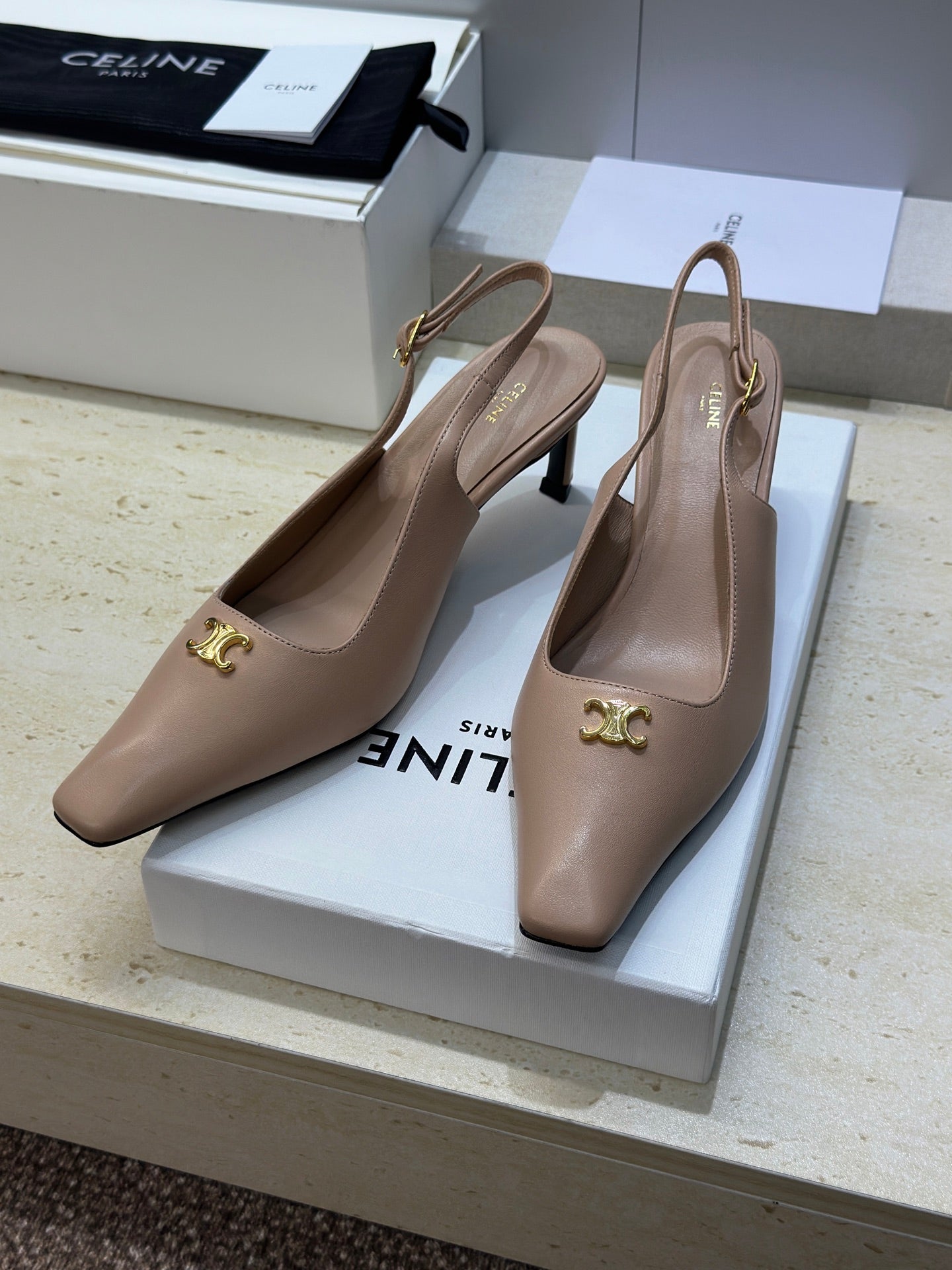 CELINE 26S SLINGBACK HEELS 65 MM IN NUDE BEIGE CALFSKIN