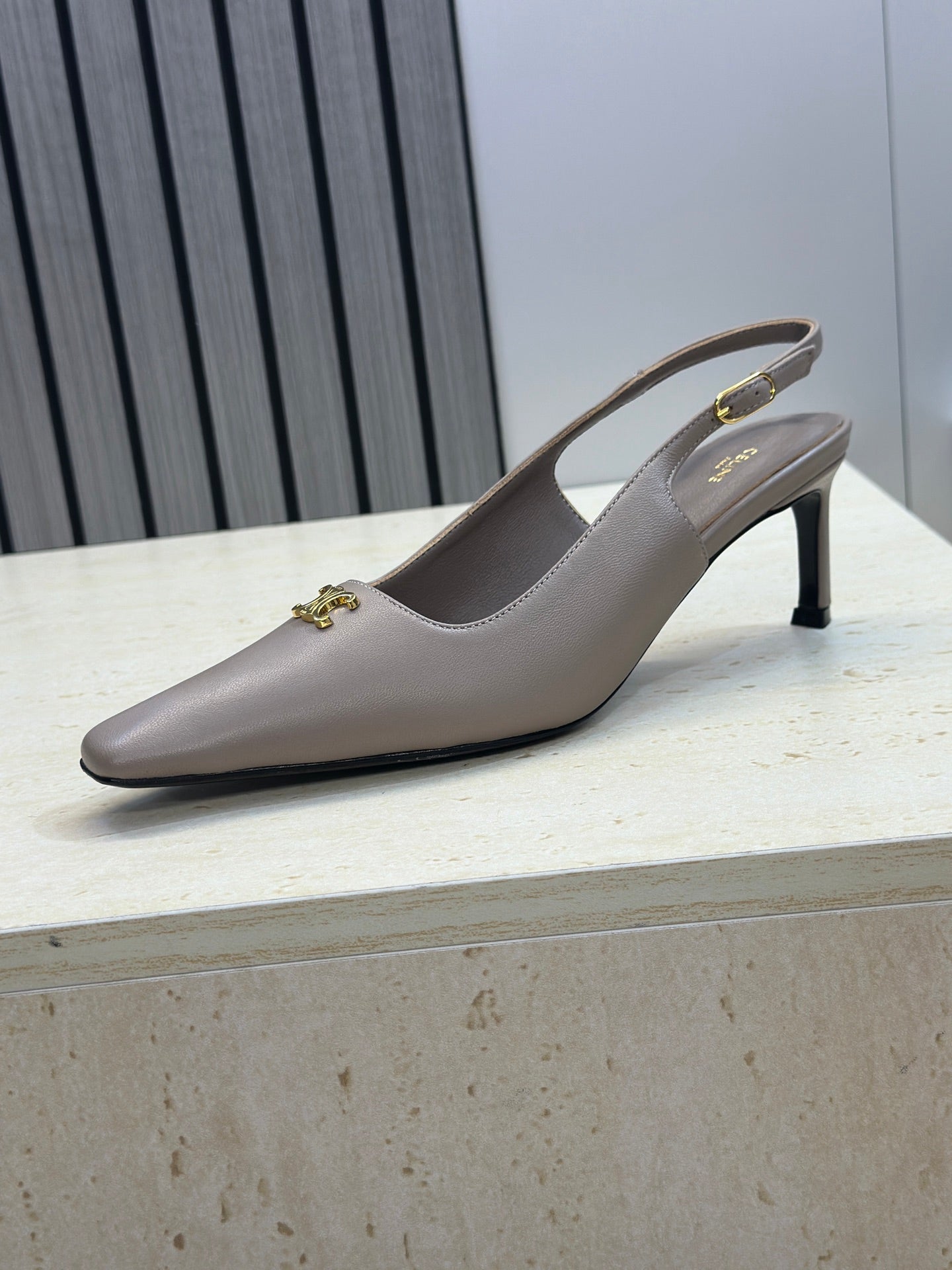 CELINE 26S SLINGBACK HEELS 65 MM IN BEIGE GREY CALFSKIN
