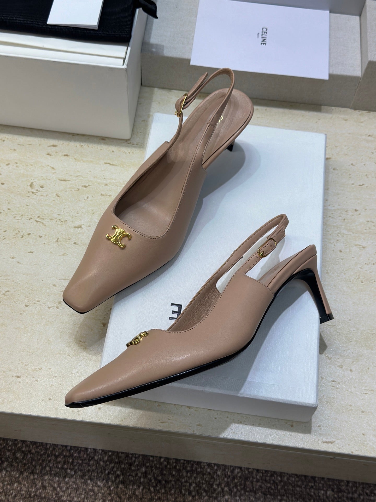 CELINE 26S SLINGBACK HEELS 65 MM IN NUDE BEIGE CALFSKIN