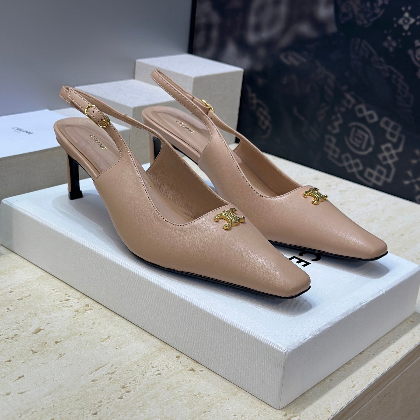 CELINE 26S SLINGBACK HEELS 65 MM IN NUDE BEIGE CALFSKIN